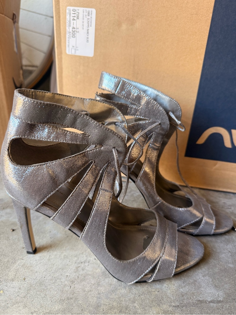 Metallic Gray Lace-Up High Heel Sandals - Women's-BCBG